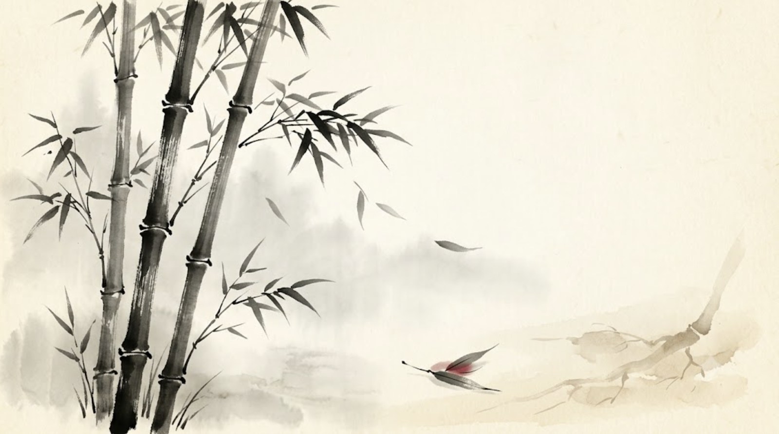 Bambusal em pintura sumi-e — raízes densas e folhas caindo