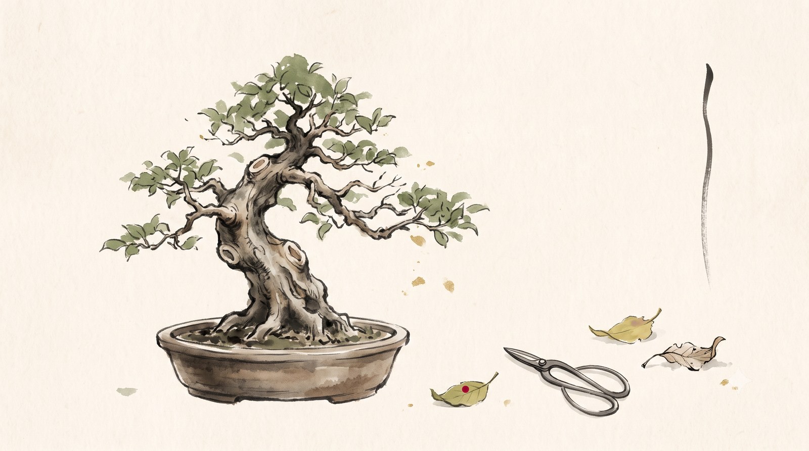 Bonsai antigo com tesoura de poda e folhas caídas — kaizen em pintura sumi-e